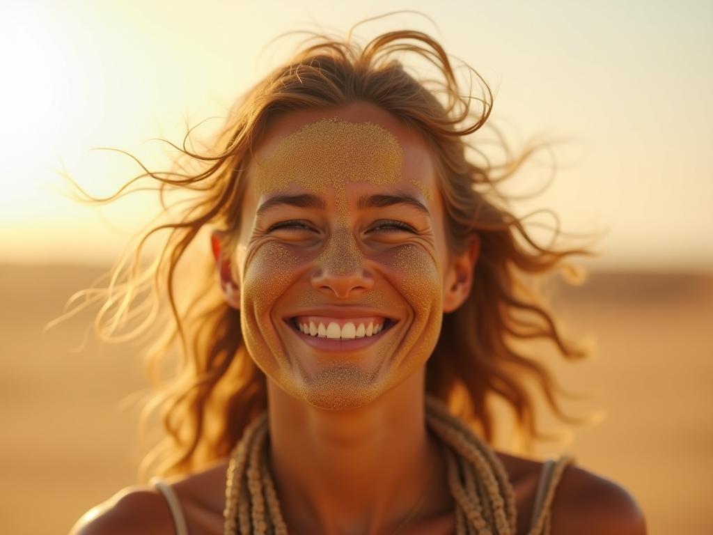 A woman with a glowing face is covered with mud, smiling in the desert in Israel