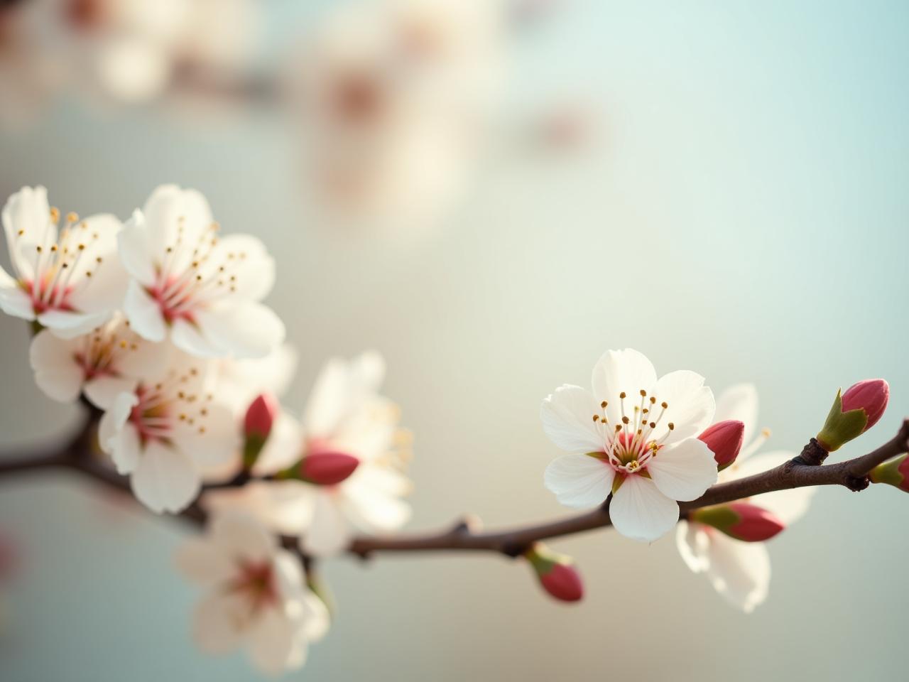 Close-up of blooming almond tree branches with a soft focus on the background, representing natural beauty and purity.