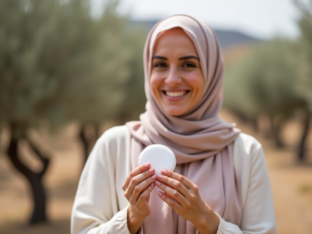 A woman with a warm smile, holding a reusable cotton pad with olive trees in the background.