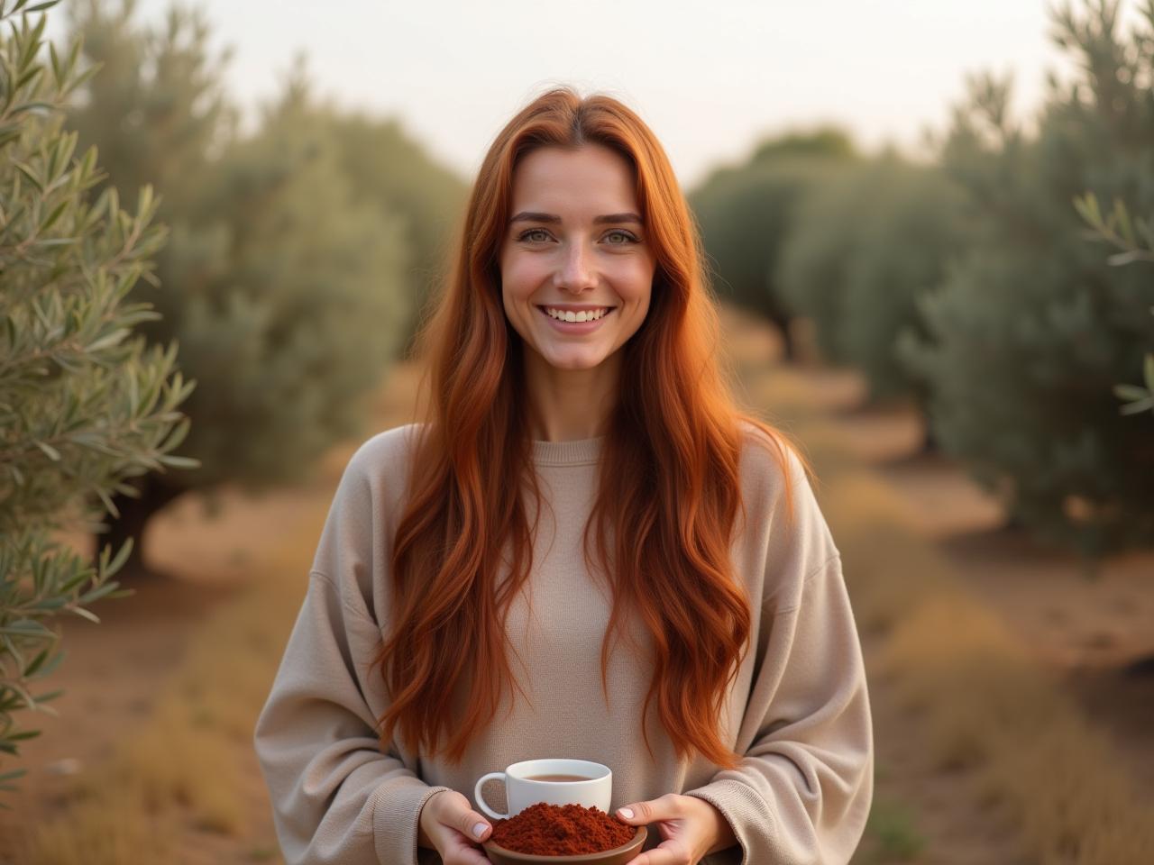 A woman with long, reddish-brown hair standing in a field of olive trees, smiling and holding a cup of tea and a bowl of henna.