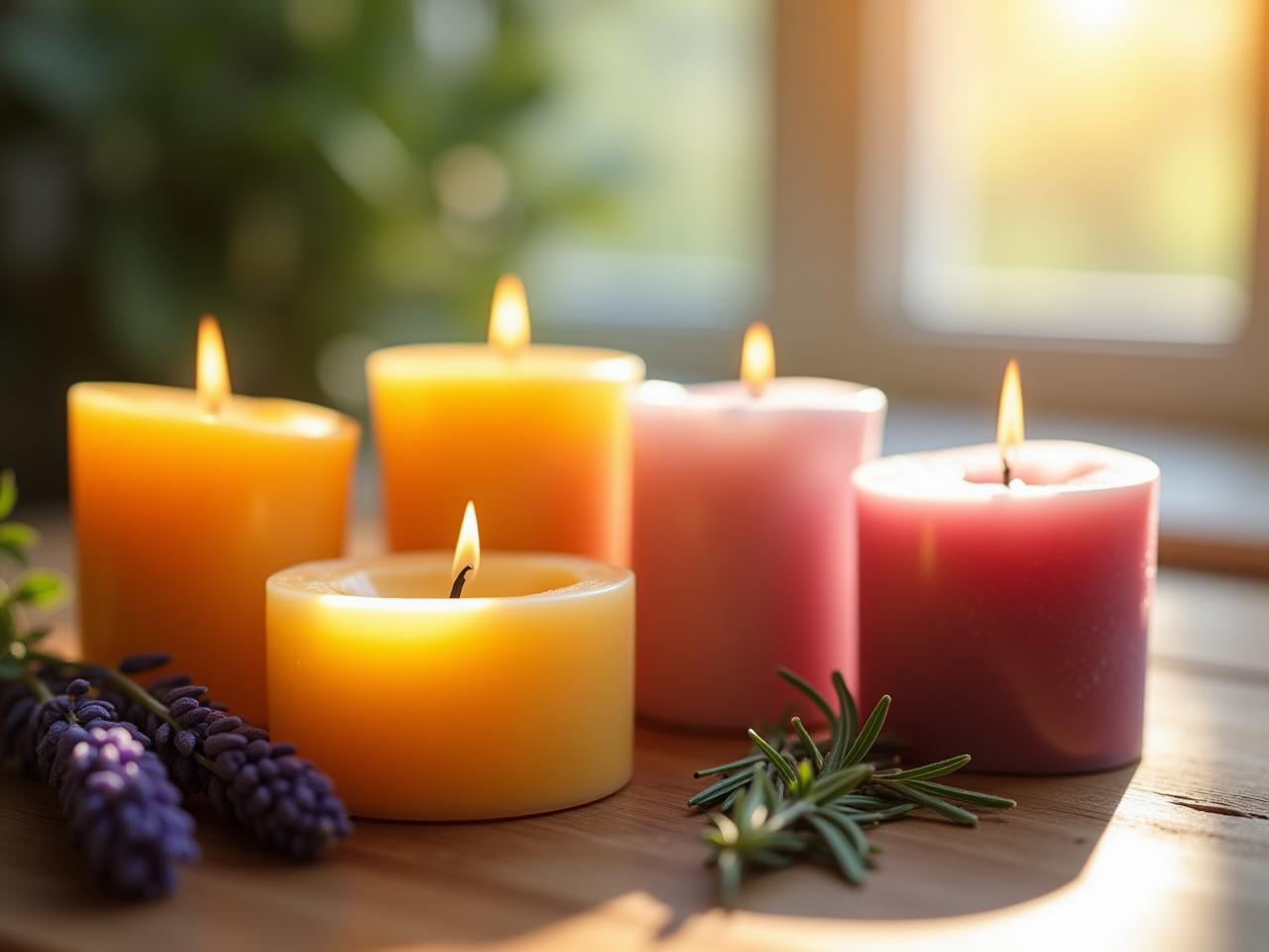 Close-up of colorful beeswax candles with natural dyes, arranged on a wooden table with sprigs of lavender and rosemary. Sunlight filters through a window, casting a warm glow on the scene.