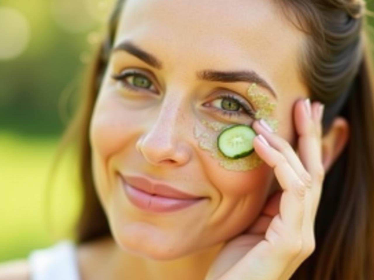 Close-up of a woman applying a homemade cucumber and cucumber flower eye mask, with a blurred background showing a garden and sunlight.