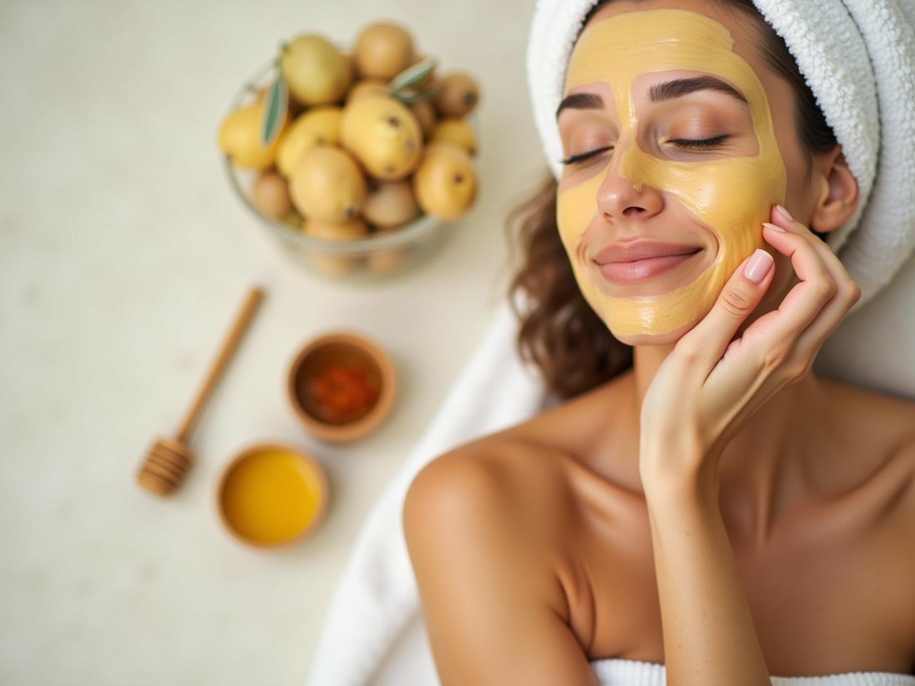 A woman applying a homemade honey and olive oil face mask, surrounded by natural ingredients.