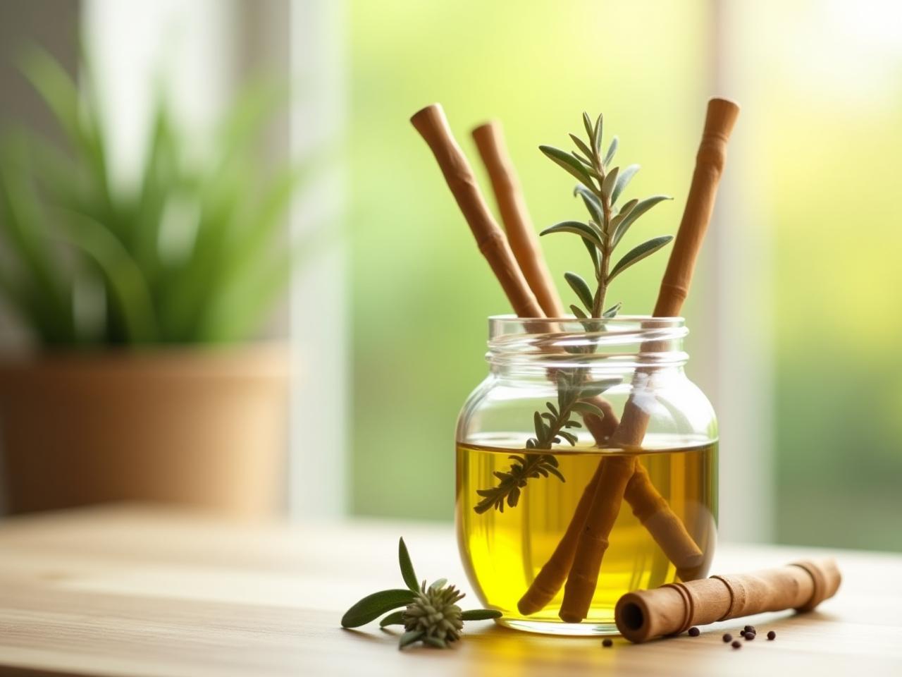 A close-up photo of a glass jar filled with olive oil and dried sage sprigs, with several rattan reeds sticking out, placed on a wooden surface with a blurred background of a sunny room and a green plant, creating a natural and calming atmosphere.