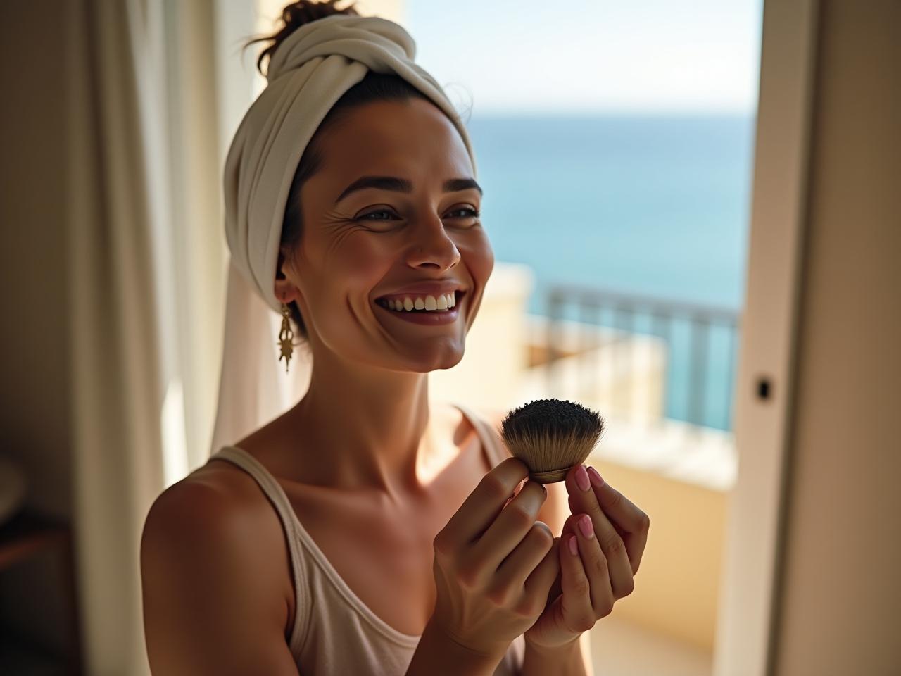 A woman smiling, applying natural rice flour and charcoal makeup in a sunlit room, with a view of the Mediterranean Sea in the background.