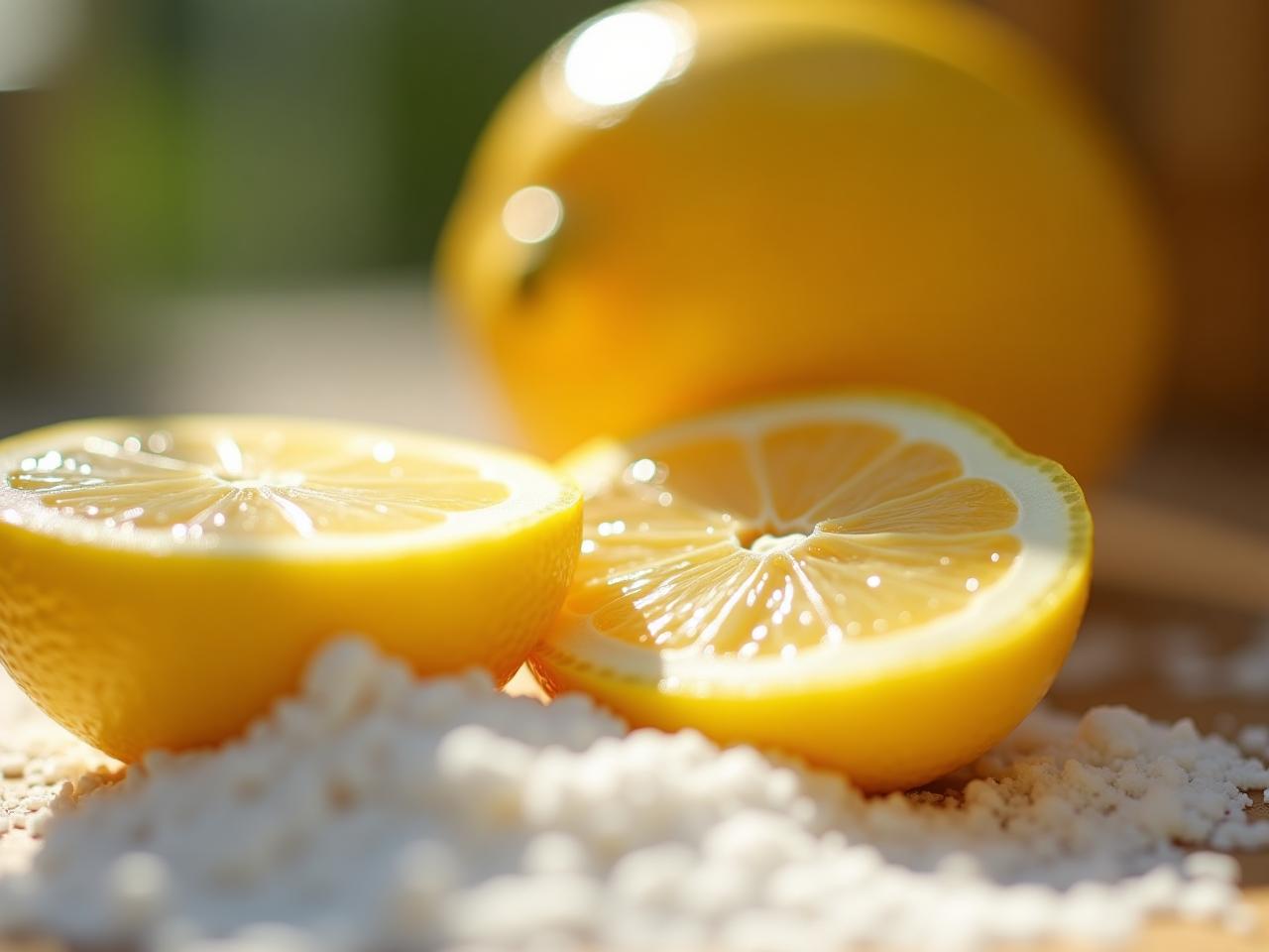 Close-up of lemon halves and baking soda next to a sparkling clean dishwasher, bathed in natural sunlight.  Emphasis on natural textures and earthy tones.