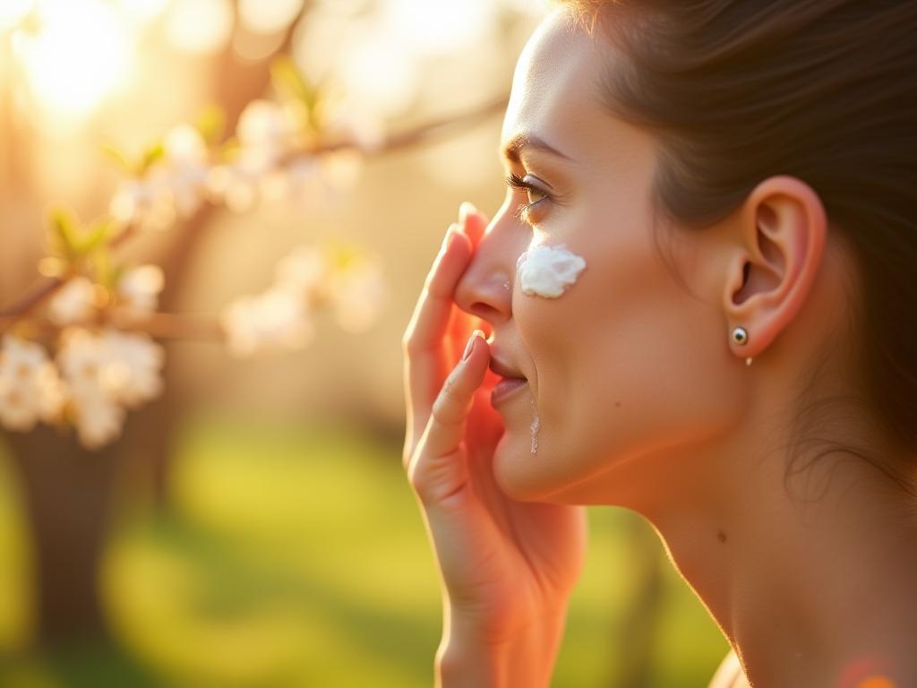 A close-up shot of a womans hand gently applying almond oil onto her face, with almond blossoms and a sunlit grove in the background.