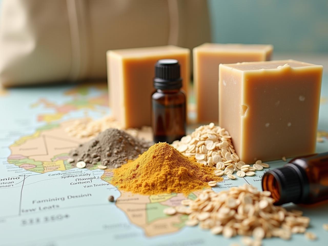 A close-up of natural soap ingredients like oats, clay, and essential oils arranged beautifully, with a blurred background showing a travel bag and a map.