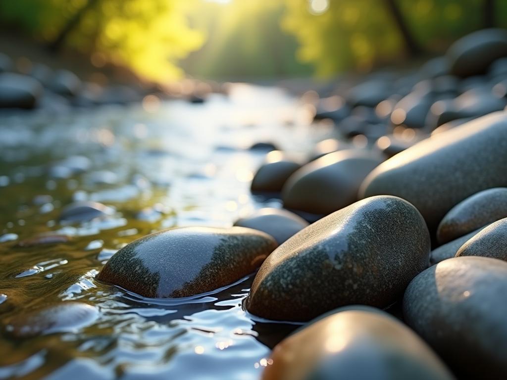 Close-up of smooth river stones in various shades of gray and brown, partially submerged in clear water. Sunlight filters through the trees, casting a warm glow on the stones.