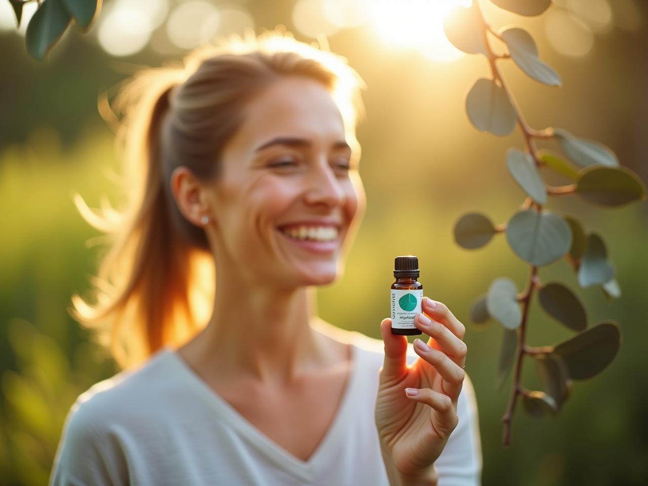 A woman smiling and holding a small bottle of eucalyptus essential oil in a sunlit, natural setting, surrounded by eucalyptus leaves.