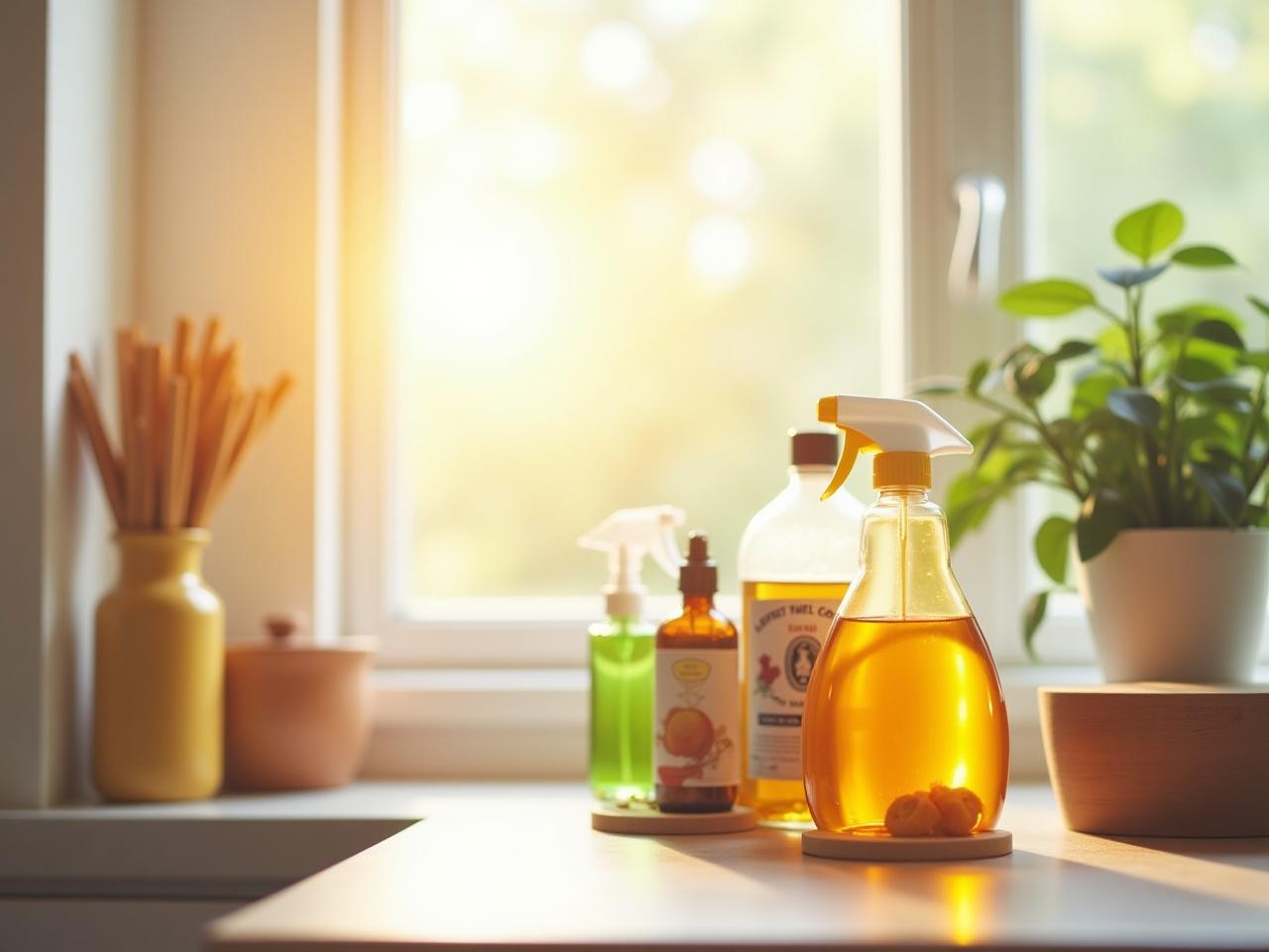 A bright, sunny kitchen with natural cleaning supplies like vinegar, baking soda, and essential oils.