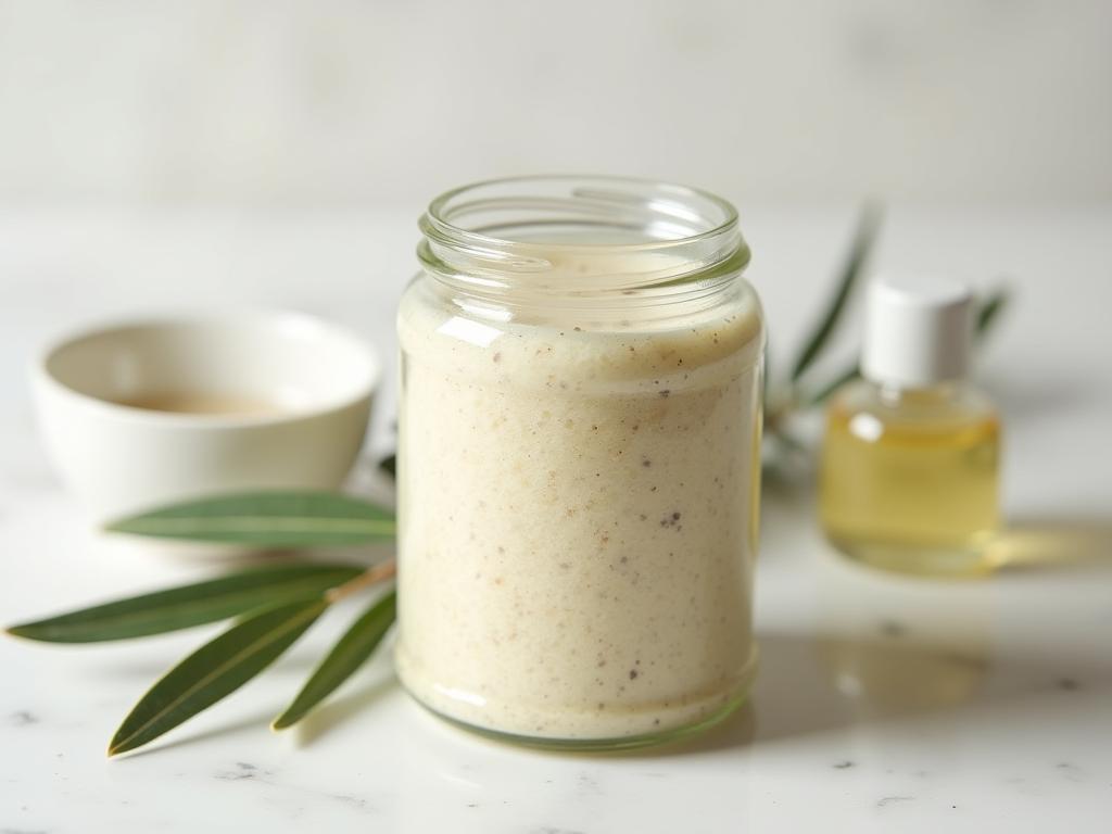 A jar of homemade dry facial cleanser next to a sprig of olive leaves and a small bowl of water.
