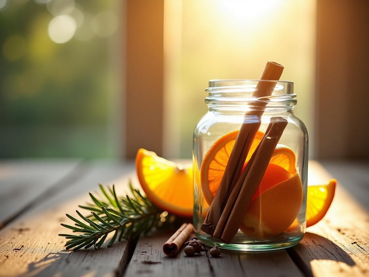 A close-up shot of a glass jar filled with dried orange peels, cinnamon sticks, and cloves, with sunlight streaming through the window in the background. The jar is placed on a rustic wooden table next to a sprig of rosemary.