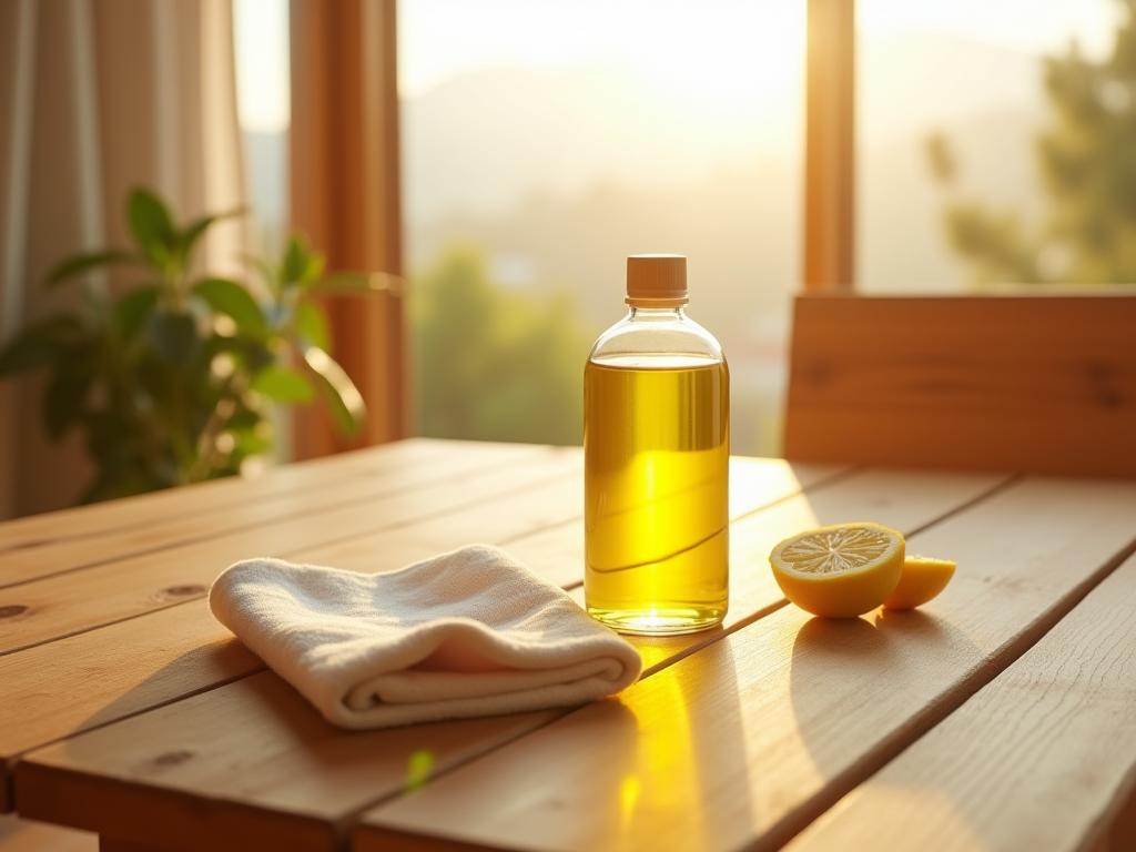 A close-up shot of wooden furniture being cleaned with a cloth and a bottle of olive oil and lemon mixture. The background features a blurred view of a sunny Israeli landscape.