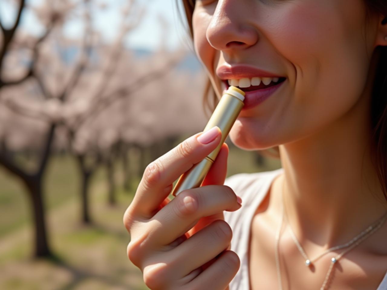 A close-up of a woman applying homemade almond blossom lip balm, with a backdrop of blossoming almond trees in Jerusalem.