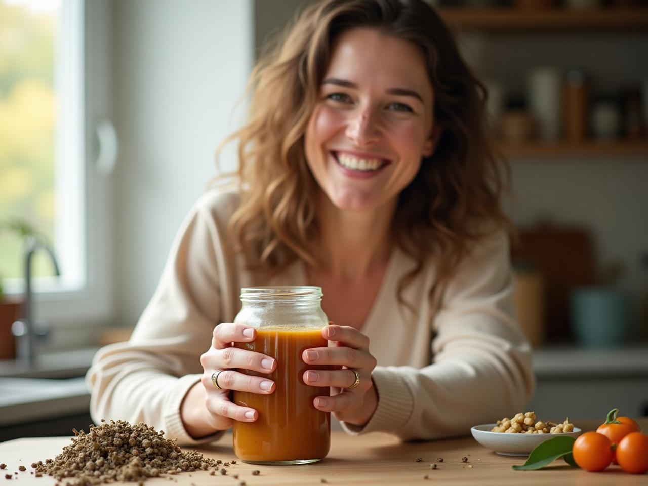 A woman smiling while holding a small glass jar filled with homemade natural glue, with dried herbs and natural ingredients scattered around. The background is a sunlit kitchen with natural light.