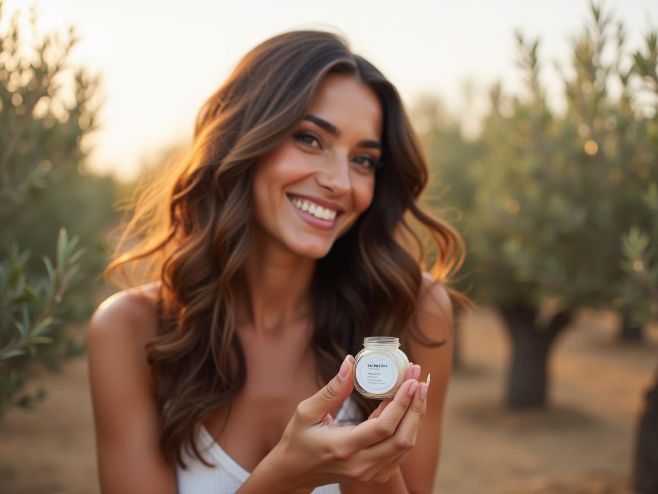 A woman with healthy, shiny hair smiling in a field of olive trees in Israel, holding a small jar of natural hair glue.