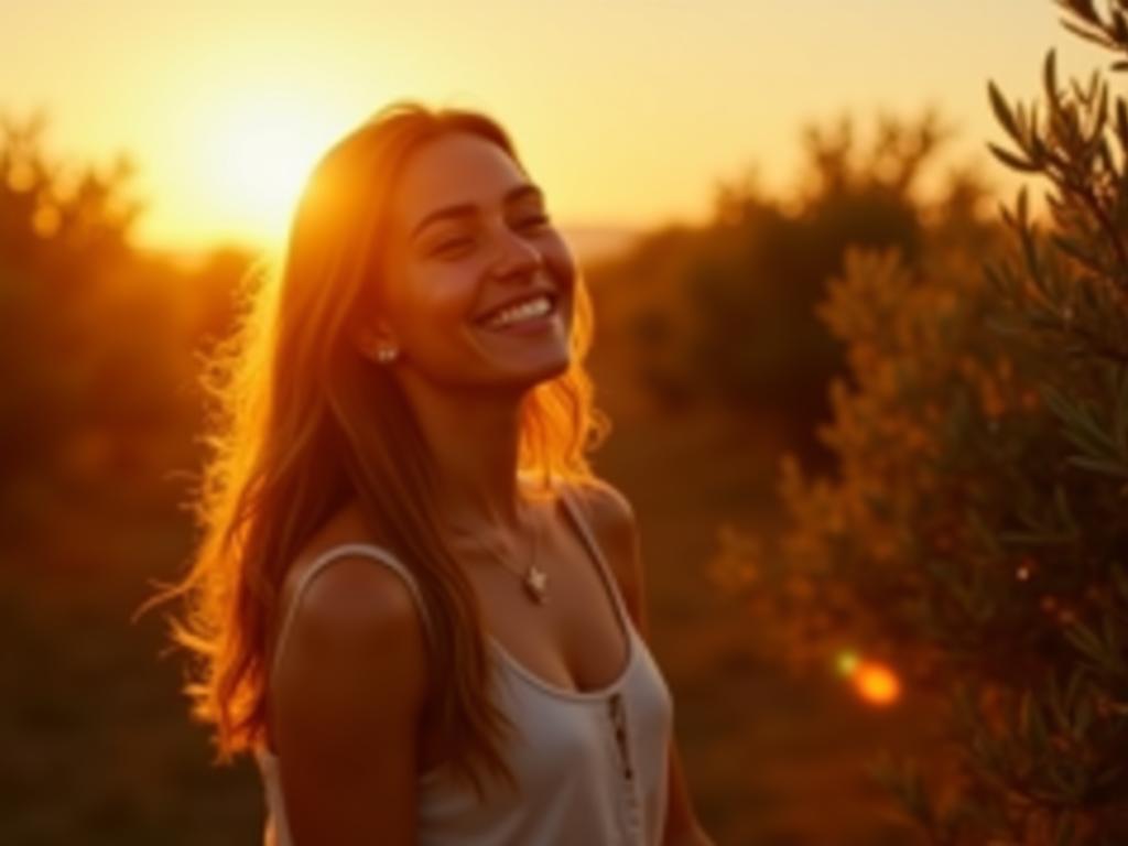 A woman with glowing skin smiling in a field of olive trees at sunset.