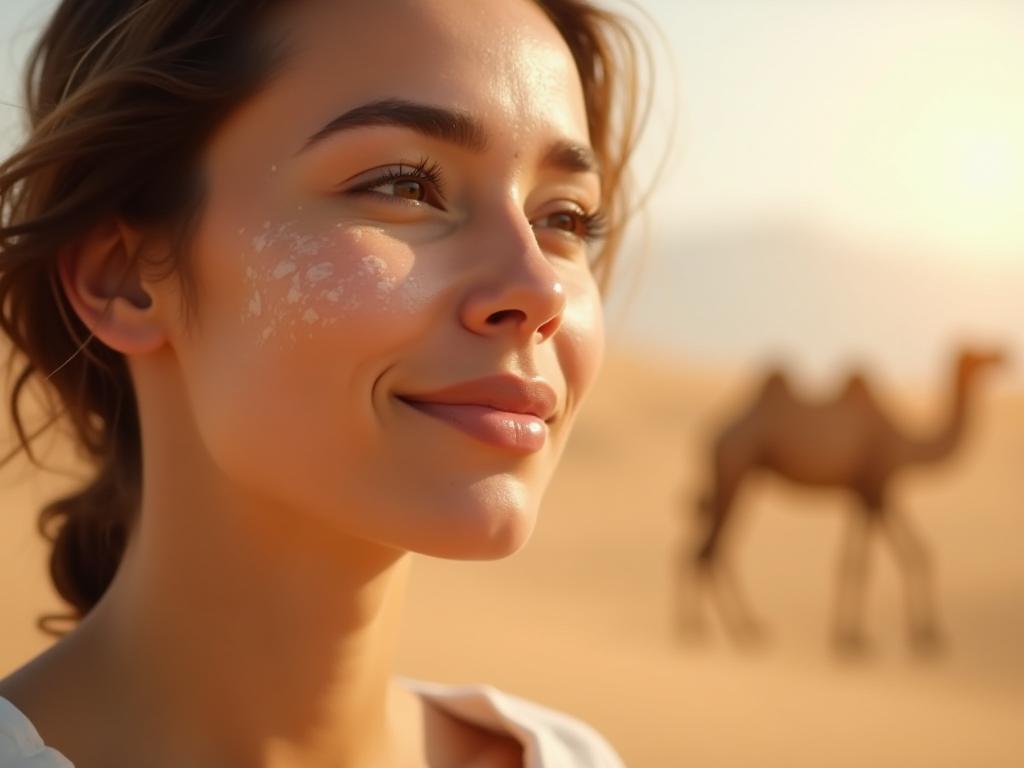 A close-up shot of a womans radiant skin after using a homemade camel milk moisturizer. The background features a serene desert landscape with a camel grazing peacefully. The image conveys natural beauty and the purity of natural ingredients.