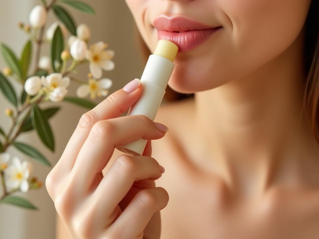 A close-up of a womans lips applying natural lip balm. In the background, almond blossoms and olive branches are visible, suggesting the ingredients and origin of the product. The overall feel is warm, natural, and inviting.