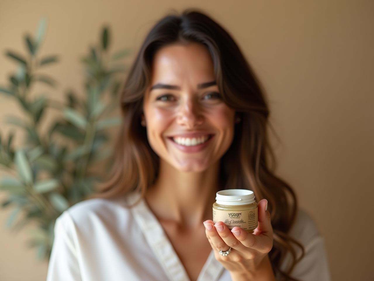 A woman smiling, holding a small jar of homemade natural cream with olive branches in the background.