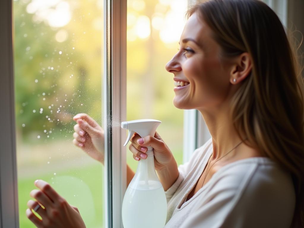 Close-up of a woman smiling while cleaning a window with a spray bottle filled with a natural cleaning solution. Sunlight shines through the clean glass, highlighting the sparkles. In the background, blurred greenery suggests a connection to nature.