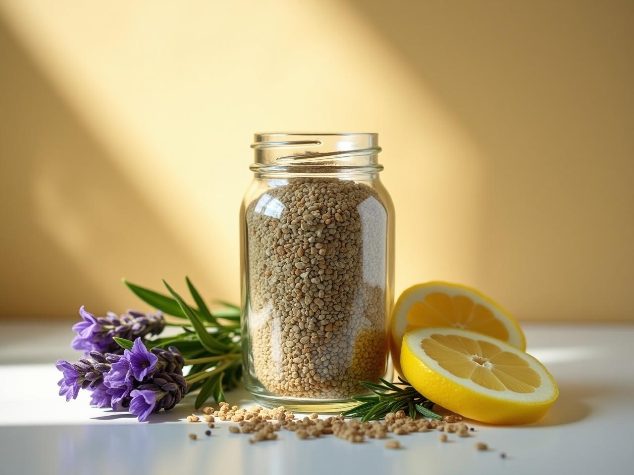 A glass jar filled with a homemade laundry herb mix, surrounded by fresh lavender, rosemary, and lemon slices. The scene is bathed in warm sunlight, highlighting the natural colors and textures.