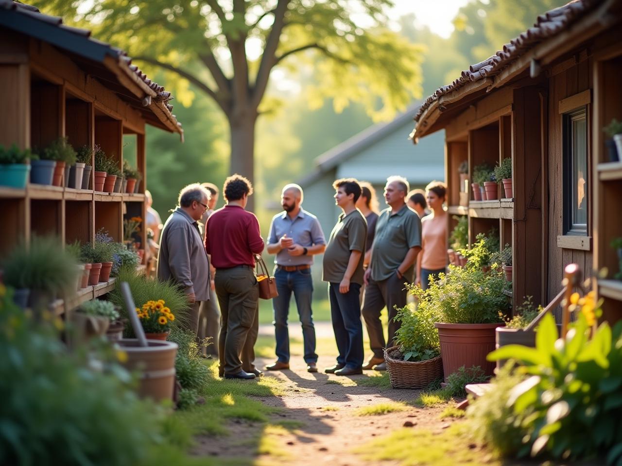 A vibrant image showing neighbors gathered around a well-organized community tool library, filled with various gardening and household tools. Sunlit, with a focus on community spirit and sustainable living.