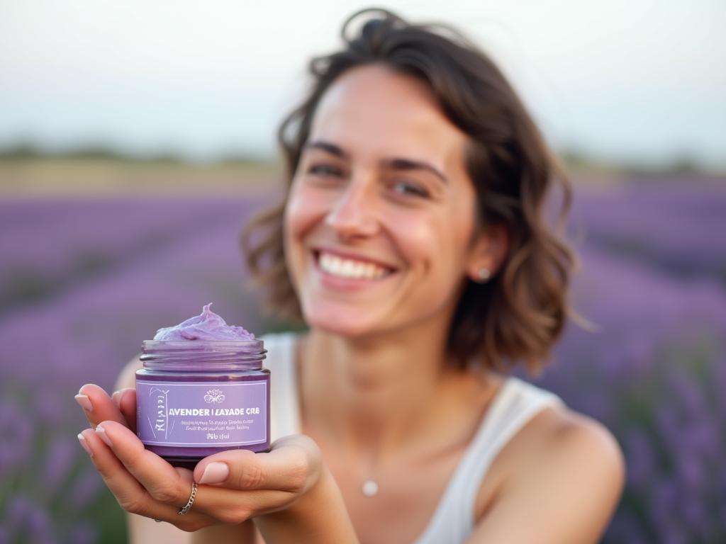 A close-up shot of Noa Lavi smiling, holding a jar of lavender cream, with a lavender field in the background.