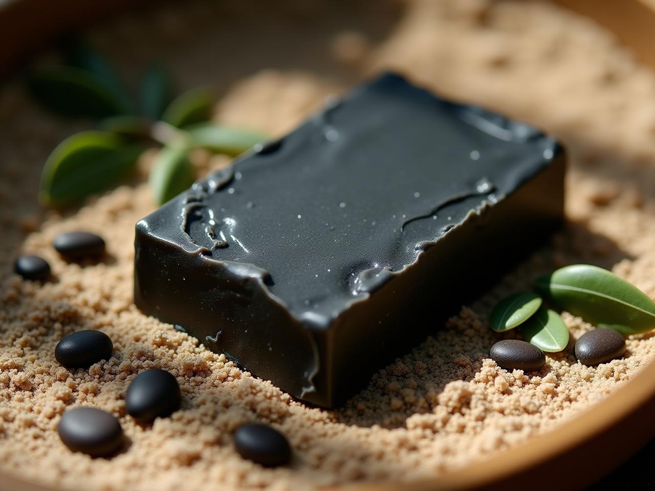 A close-up shot of a bar of black charcoal soap with visible textures, placed on a bed of sand with scattered green olive leaves. Soft, diffused sunlight illuminates the scene, highlighting the natural ingredients and the connection to the earth.