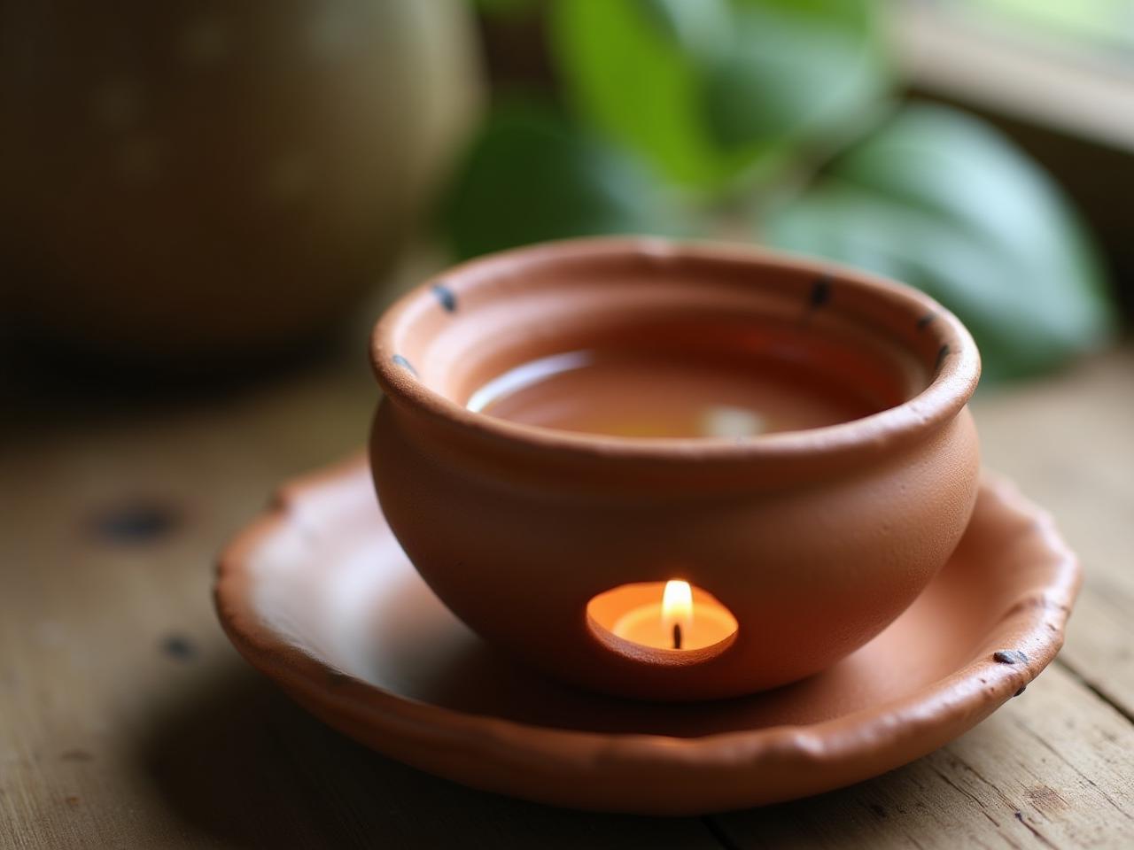 A close-up photo of a handmade clay essential oil burner with a lit candle underneath, placed on a rustic wooden surface. A small bowl filled with water and a few drops of essential oil sits on top. Soft, natural light illuminates the scene, highlighting the earthy tones of the clay and the calming ambiance of the setup.