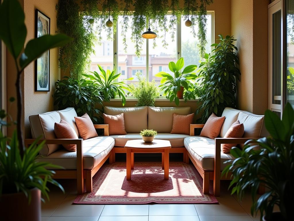 A cozy balcony in Tel Aviv with lush greenery, comfortable seating, and natural light, creating a serene and inviting atmosphere.