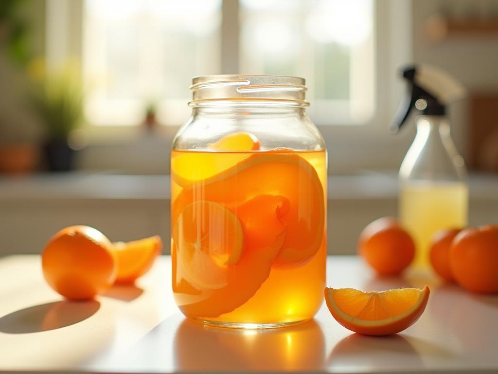 Close-up shot of orange peels soaking in a glass jar filled with clear liquid (vodka or vinegar), with a spray bottle nearby, and a few whole oranges scattered around. The background is a bright, sunny kitchen scene with natural light streaming in.