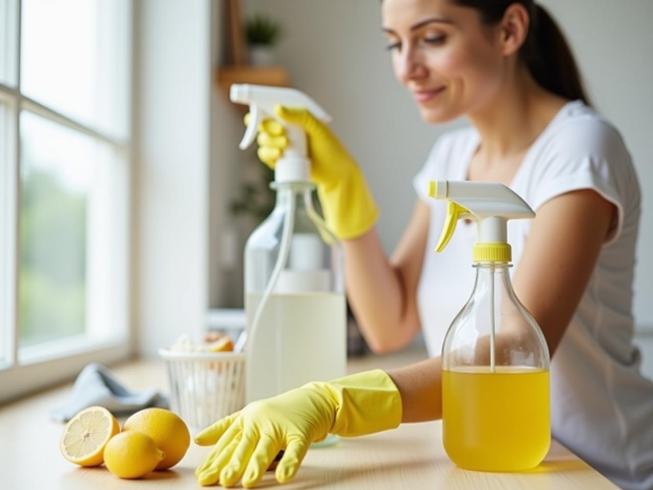 A woman cleaning her home with natural cleaning products like lemon, baking soda, and vinegar.