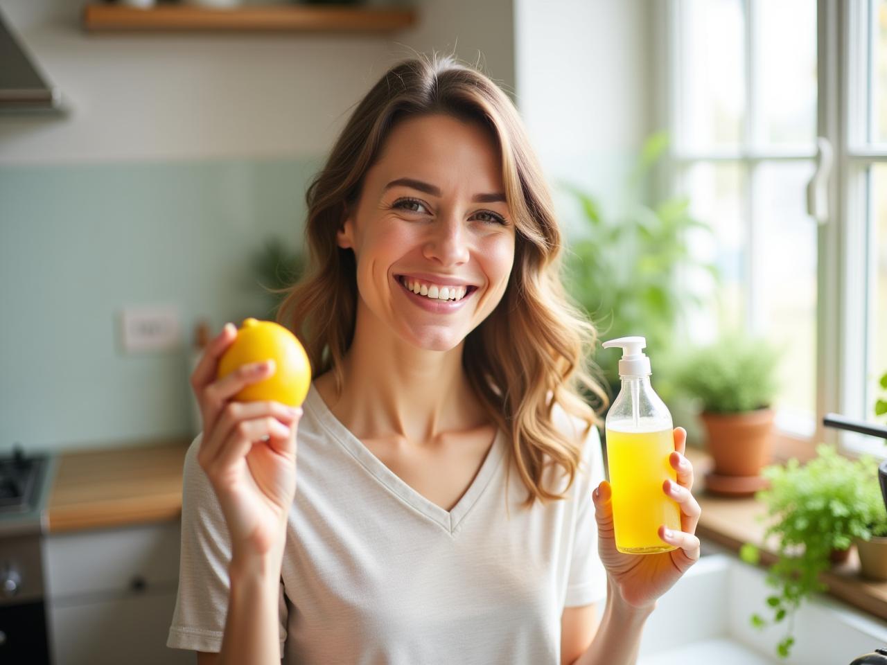 A woman smiling while holding a lemon and a bottle of homemade natural cleaner in a bright, sunlit kitchen with green plants in the background.