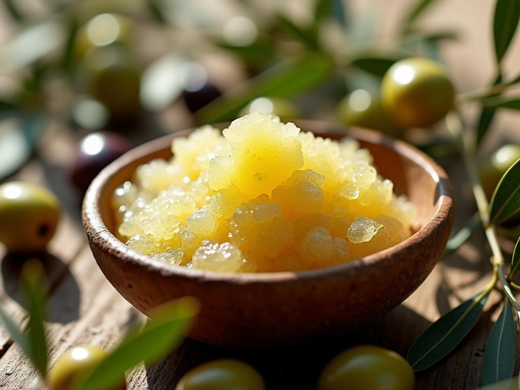 A close-up of homemade olive scrub in a rustic bowl, surrounded by olive branches and ripe olives, with sunlight streaming through.