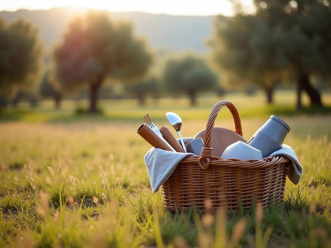 A picnic basket filled with reusable containers and utensils, sitting on a grassy field with olive trees in the background.