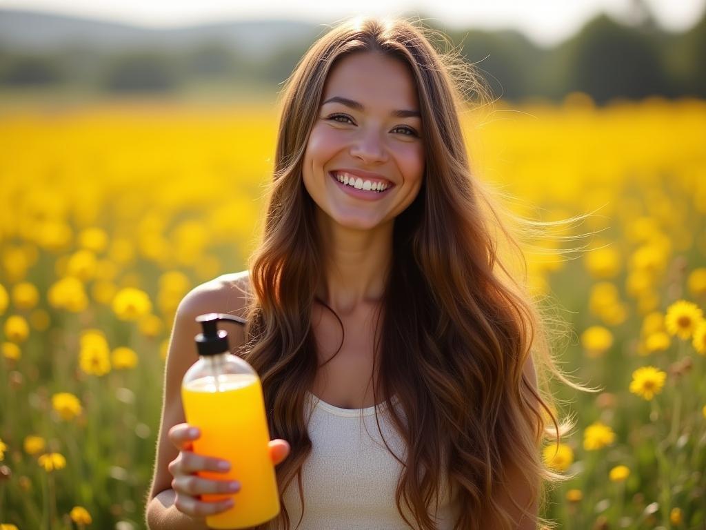 A woman with long, shiny hair smiling in a field of wildflowers, holding a bottle of homemade apple cider vinegar and mustard hair conditioner.