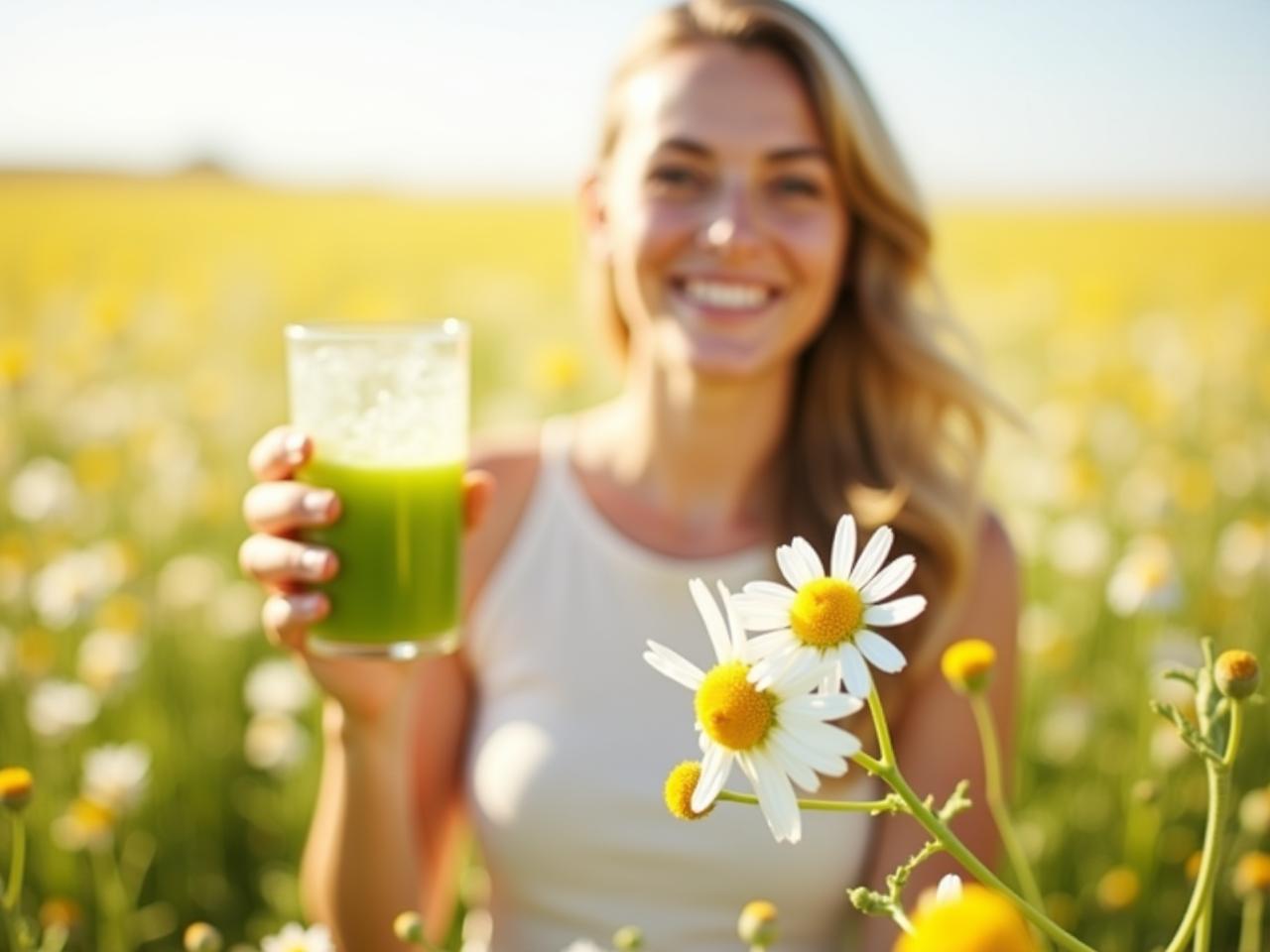A woman smiling and holding a glass of aloe vera juice in a sunny field of chamomile flowers in Israel.