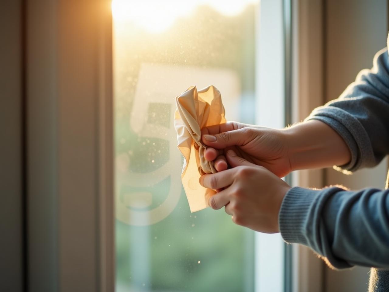 Close up shot of hands using crumpled newspaper to clean a glass window, with natural light shining through.