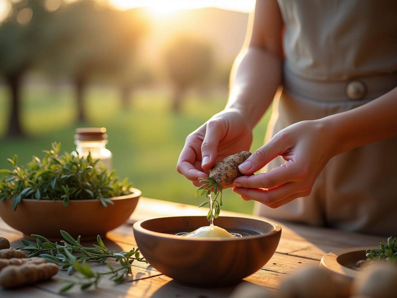 A close-up shot of a womans hands preparing natural glue from plant roots, surrounded by fresh herbs, water, and a wooden bowl. The background shows a sun-drenched Israeli landscape with olive trees.