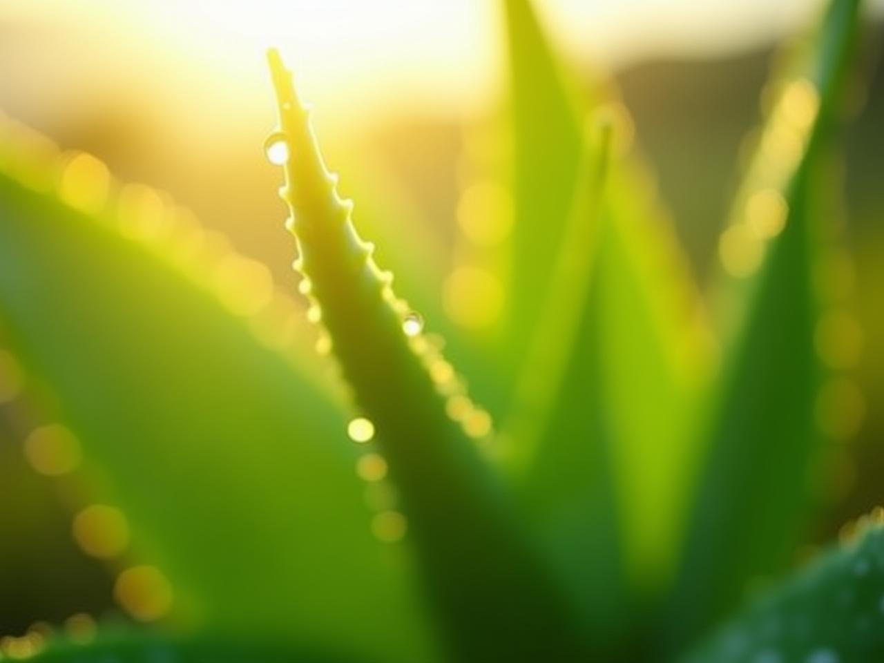A close-up shot of fresh aloe vera leaves with dew drops, illuminated by warm sunlight, set against a backdrop of a blurred Mediterranean landscape.