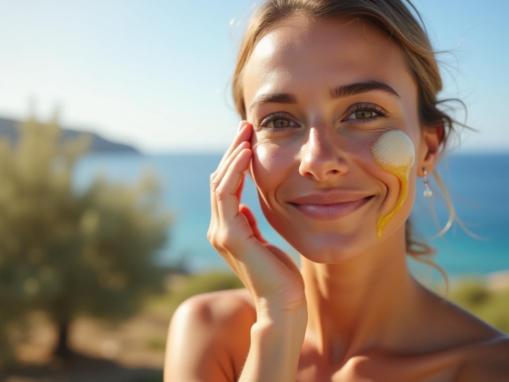 A woman with healthy glowing skin applies olive oil to her face. In the background, olive trees and the Mediterranean Sea.