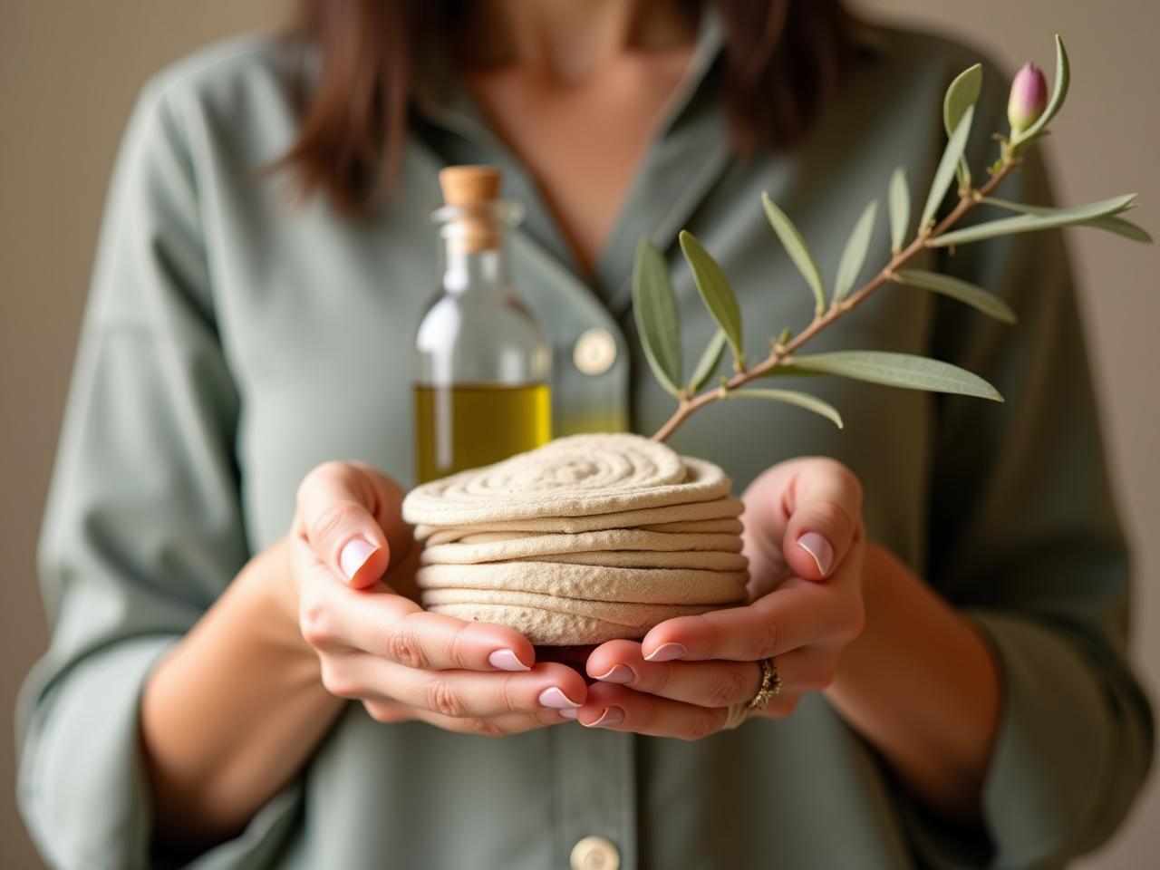 A woman holding natural fiber pads with olive branches and a bottle of olive oil in the background.