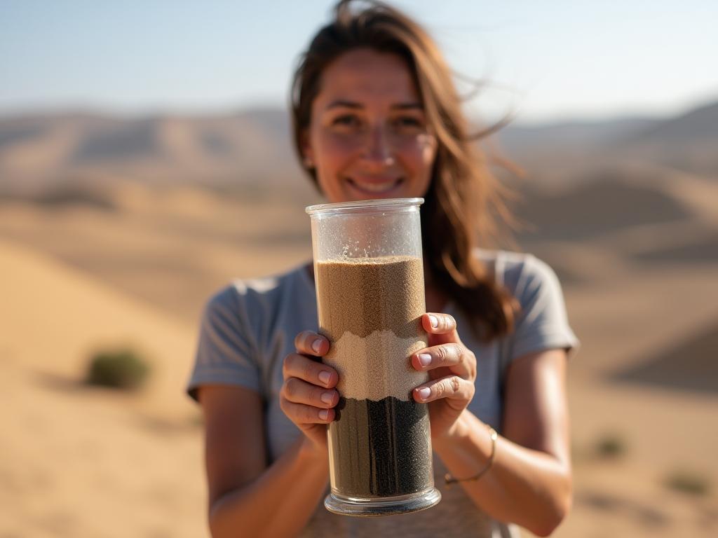 A woman (Noa Lavie) holding a homemade water filter with layers of sand, gravel, and charcoal, with the Israeli desert landscape in the background.