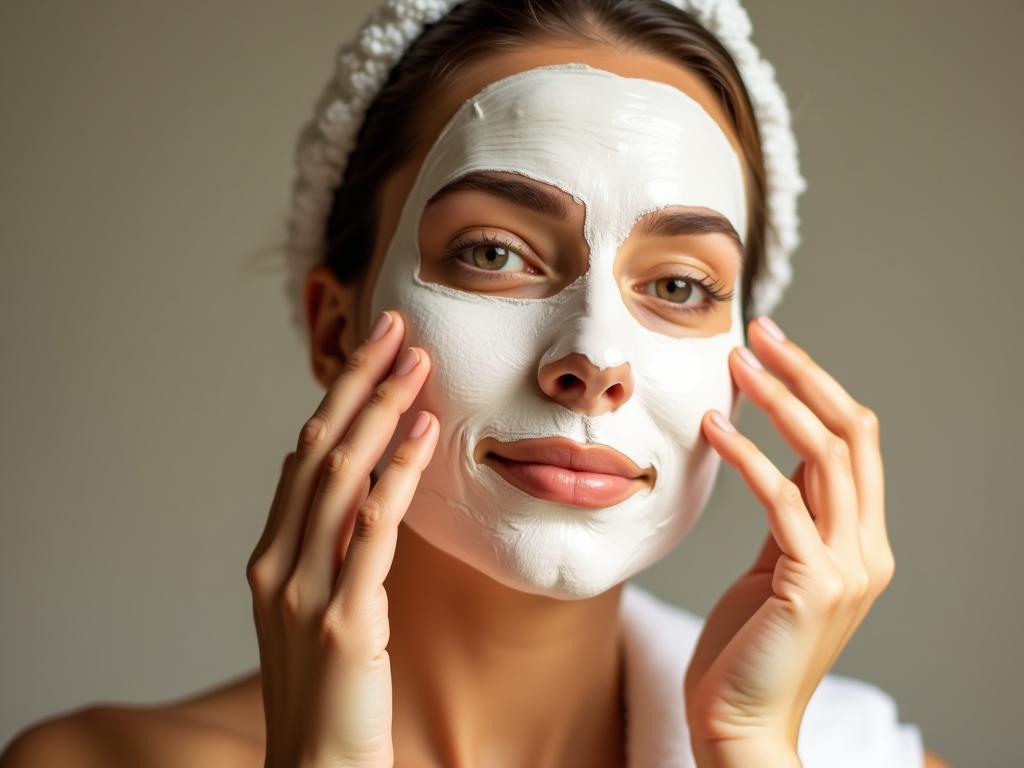 A woman applying a homemade clay and egg yolk face mask, with natural light and a focus on the natural ingredients.