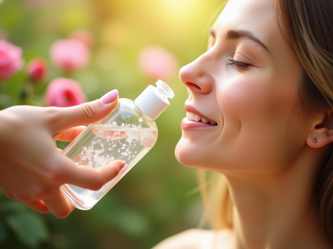 Close-up shot of a womans face being gently sprayed with rose water from a glass bottle, with a blurry background showing a garden with blooming roses in soft sunlight.