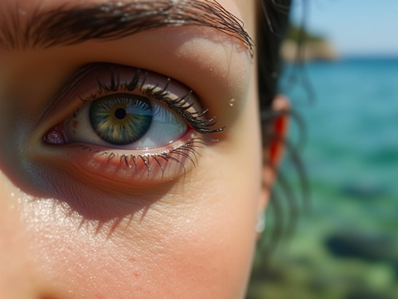 Close up of a womans eye with a natural, glowing complexion. The background features a blurred image of the Mediterranean Sea and green algae.