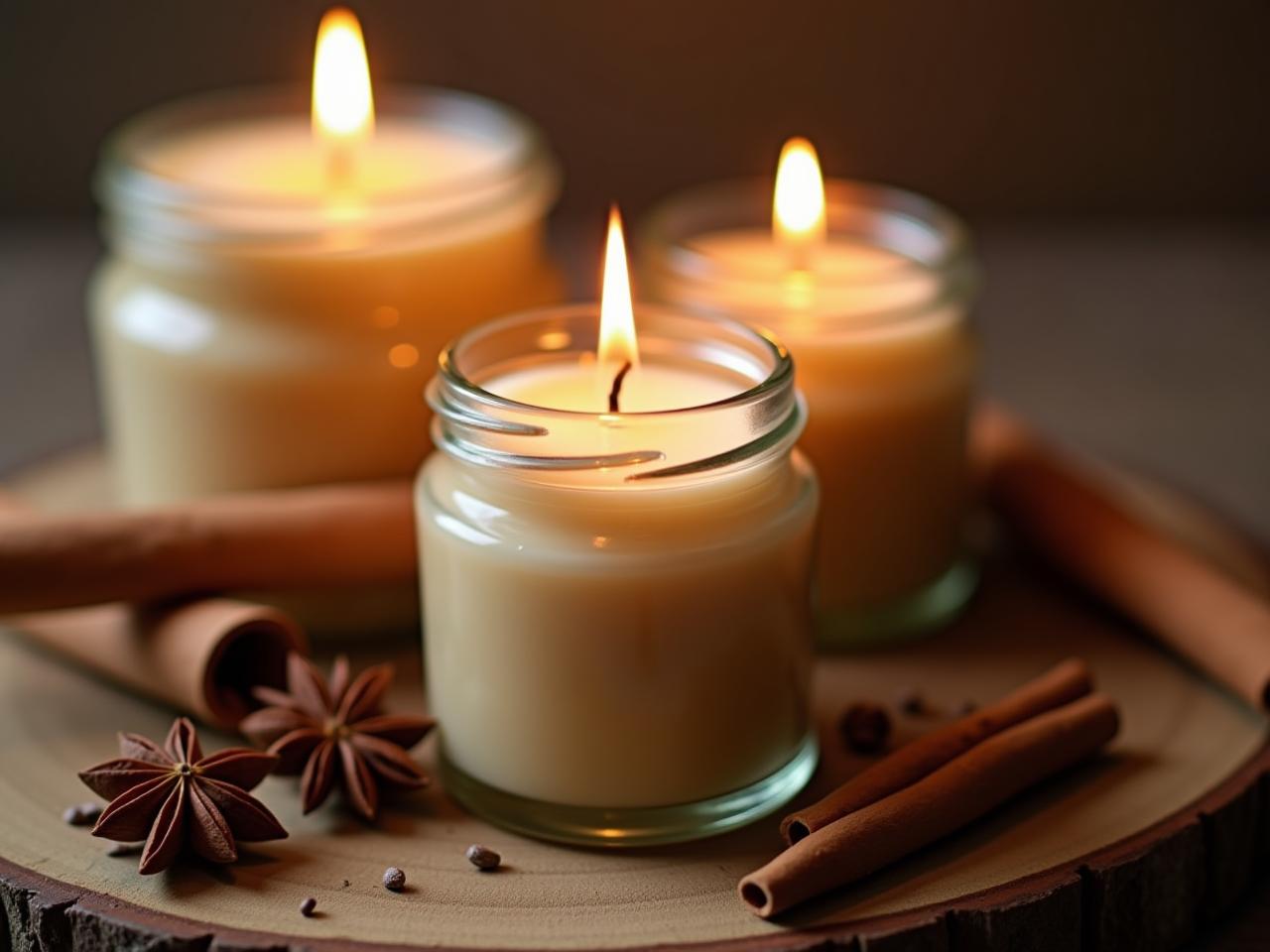 A close-up shot of homemade cinnamon candles in small glass jars, surrounded by cinnamon sticks and star anise on a rustic wooden surface, with warm, natural light highlighting the scene.
