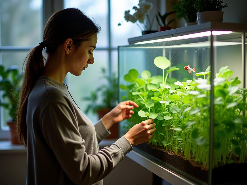 A woman tending to a small aquaponic system in her apartment, with herbs growing and fish swimming below.